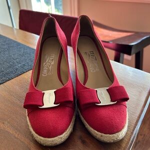 Salvatore Ferragamo Canvas Red Platform Espadrilles